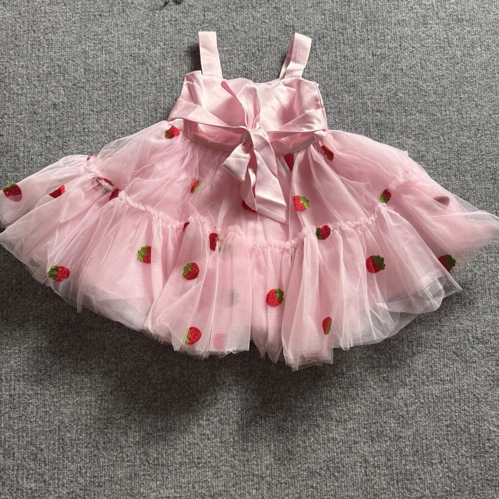 Infant Baby Girl Strawberry Tulle Tutu Dress Pink Satin Bow Birthday Pageant